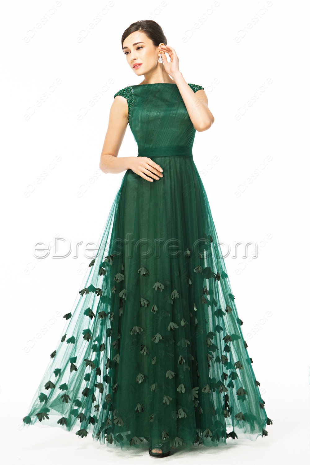 Modest Cap Sleeves Forest Green Prom Dress with Hand Sewn