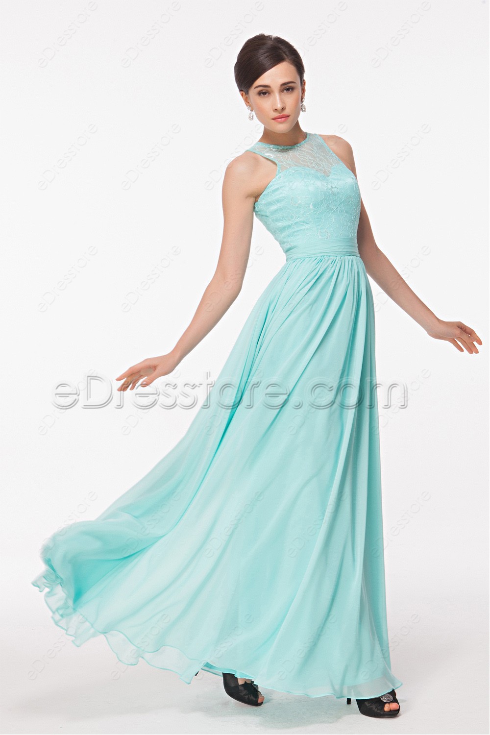 Modest Lace Chiffon Light Blue Long Prom Dress Key Hole Back