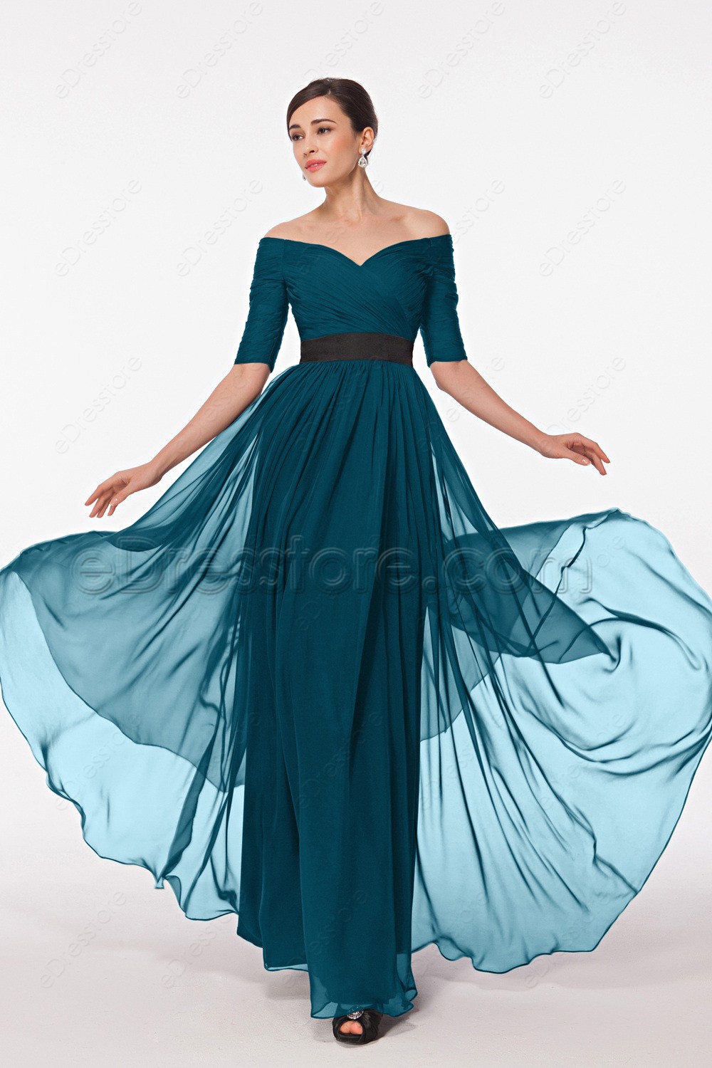 teal evening gowns with sleeves