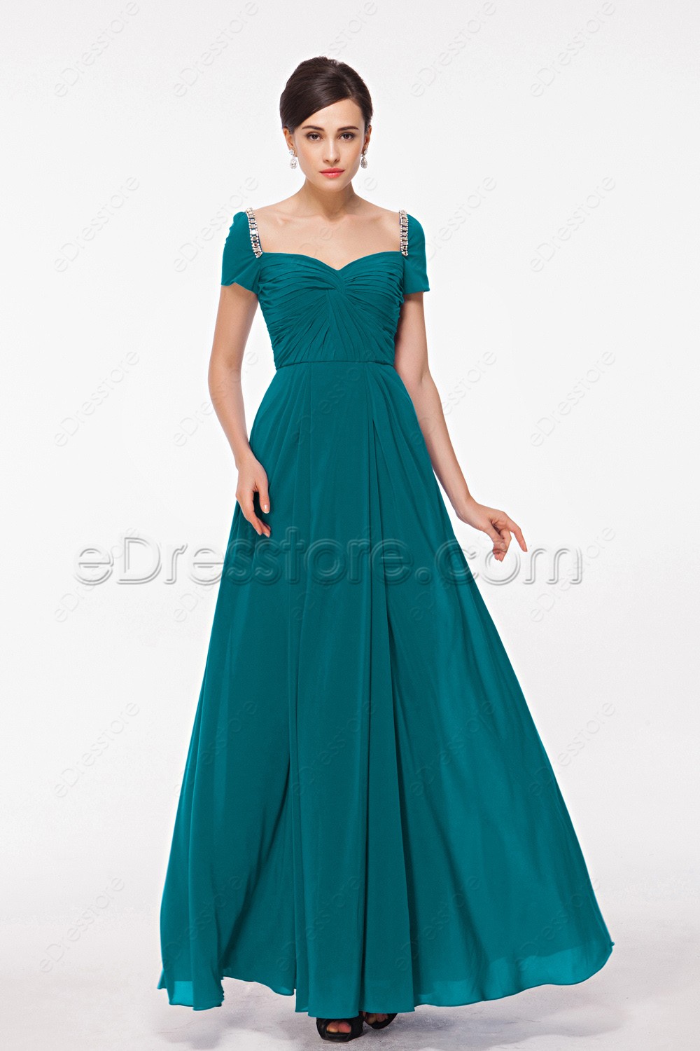 teal evening gowns with sleeves