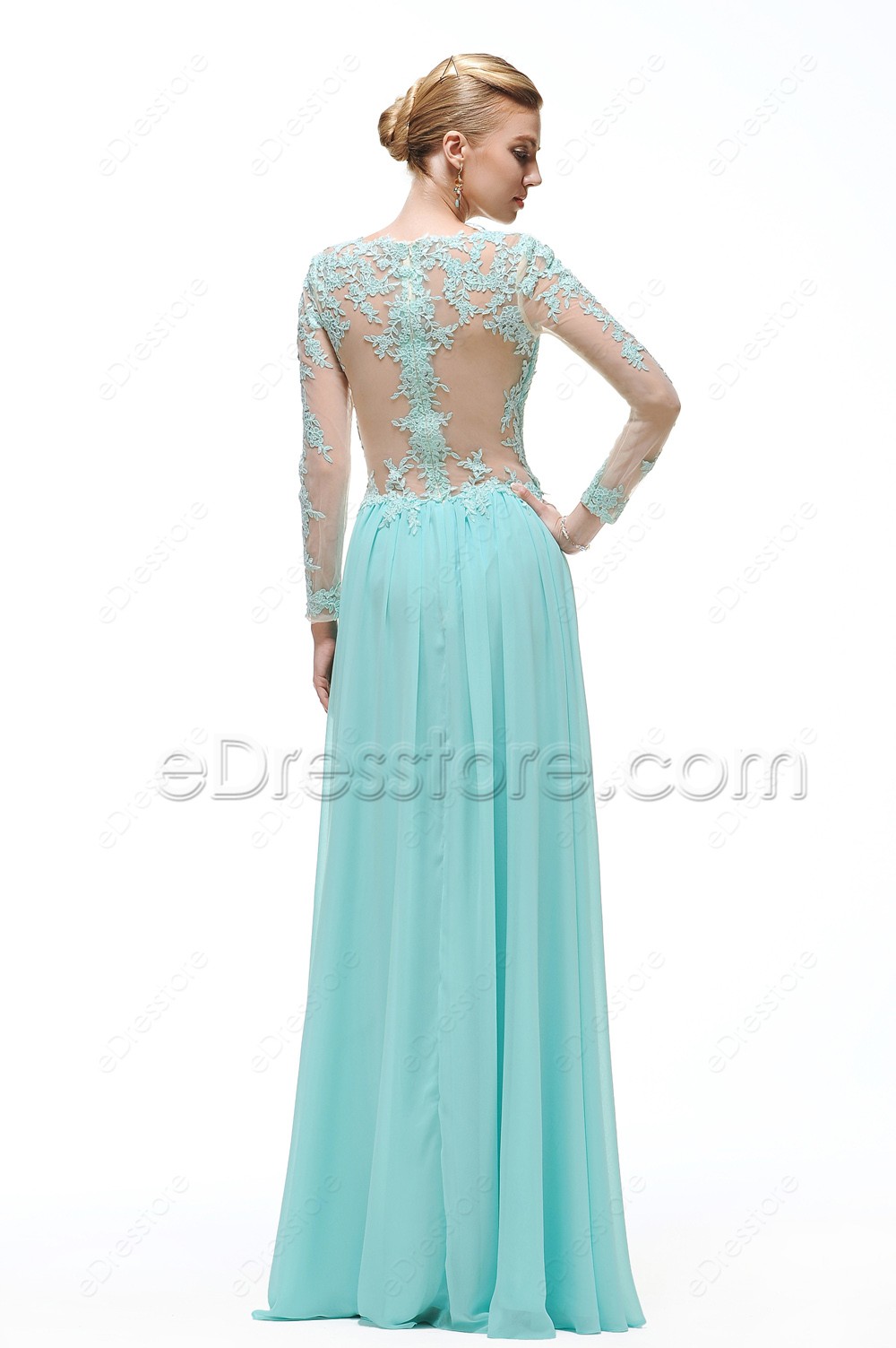  Light  Blue  Backless Lace Modest  Prom  Dress  with Sleeves