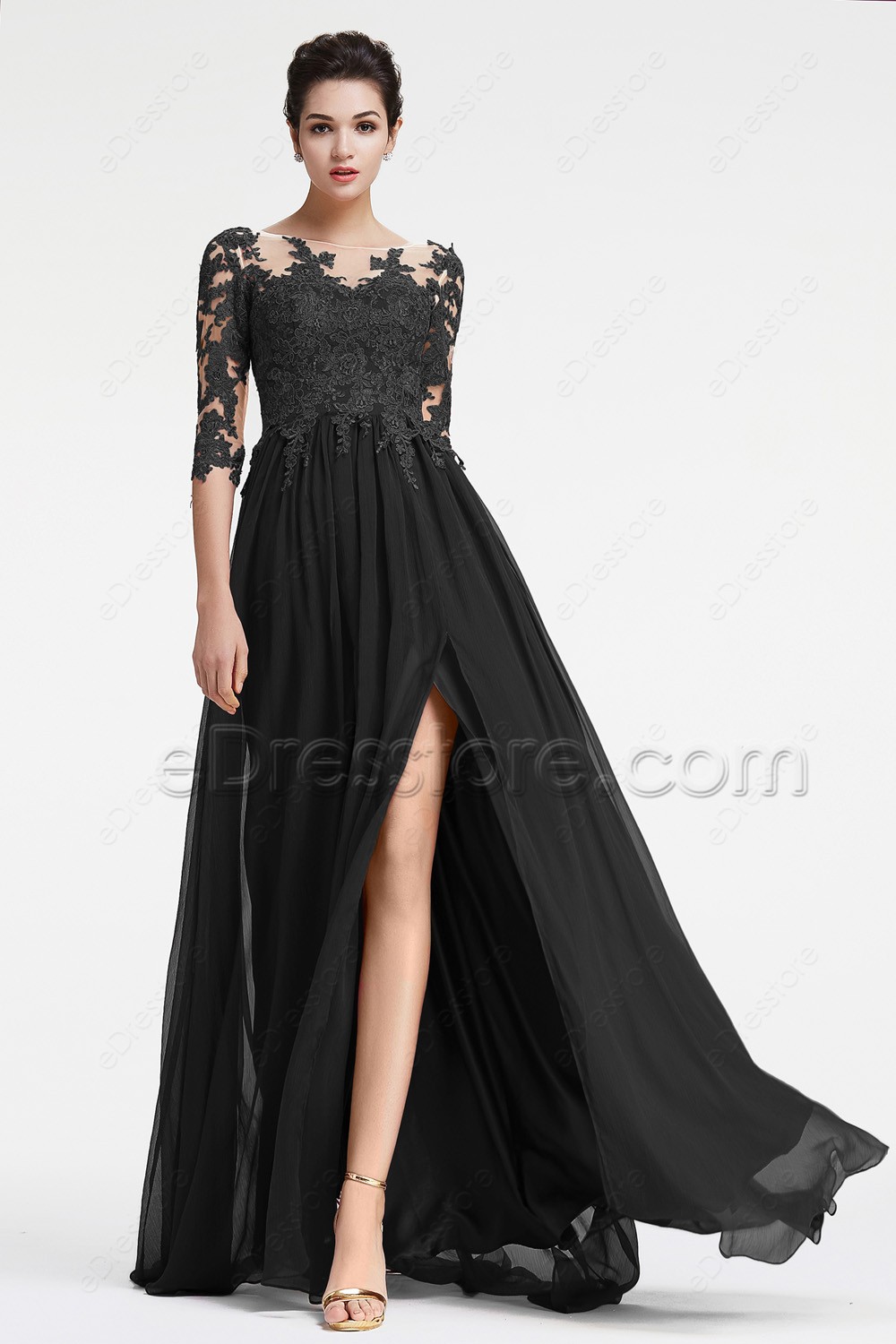Black Long Sleeve Prom Dress with Slit