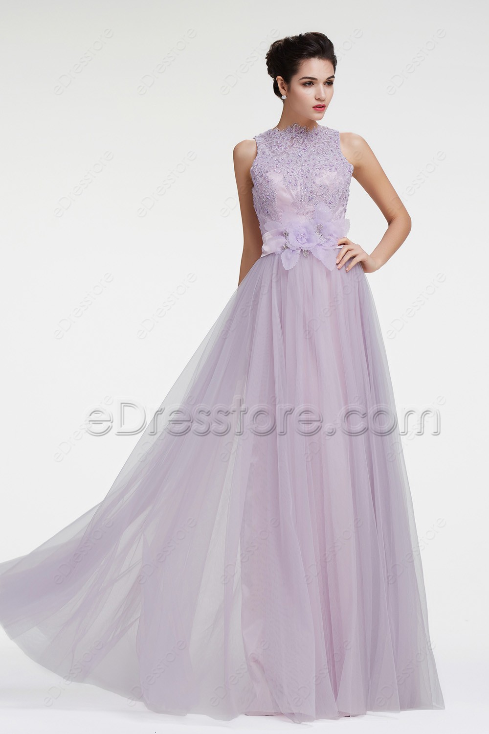 Light Lavender Modest Lace Prom Dresses