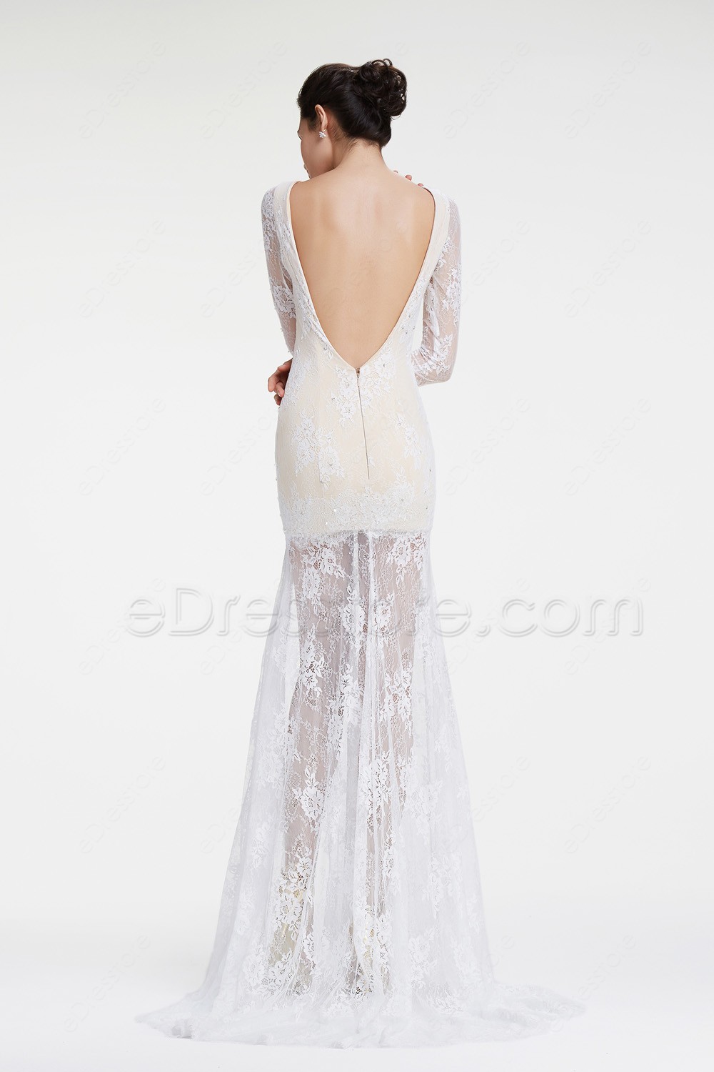 white long sleeve backless gown