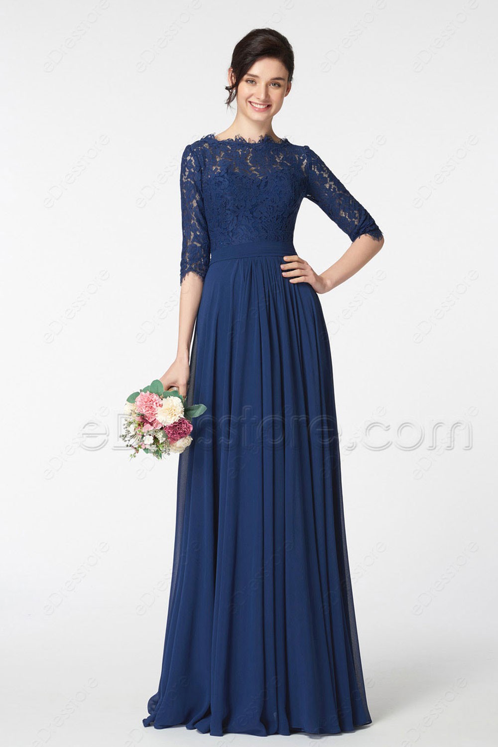 Navy Blue Lace Modest Bridesmaid Dress with Sleeves (1000 x 1500 Pixel)