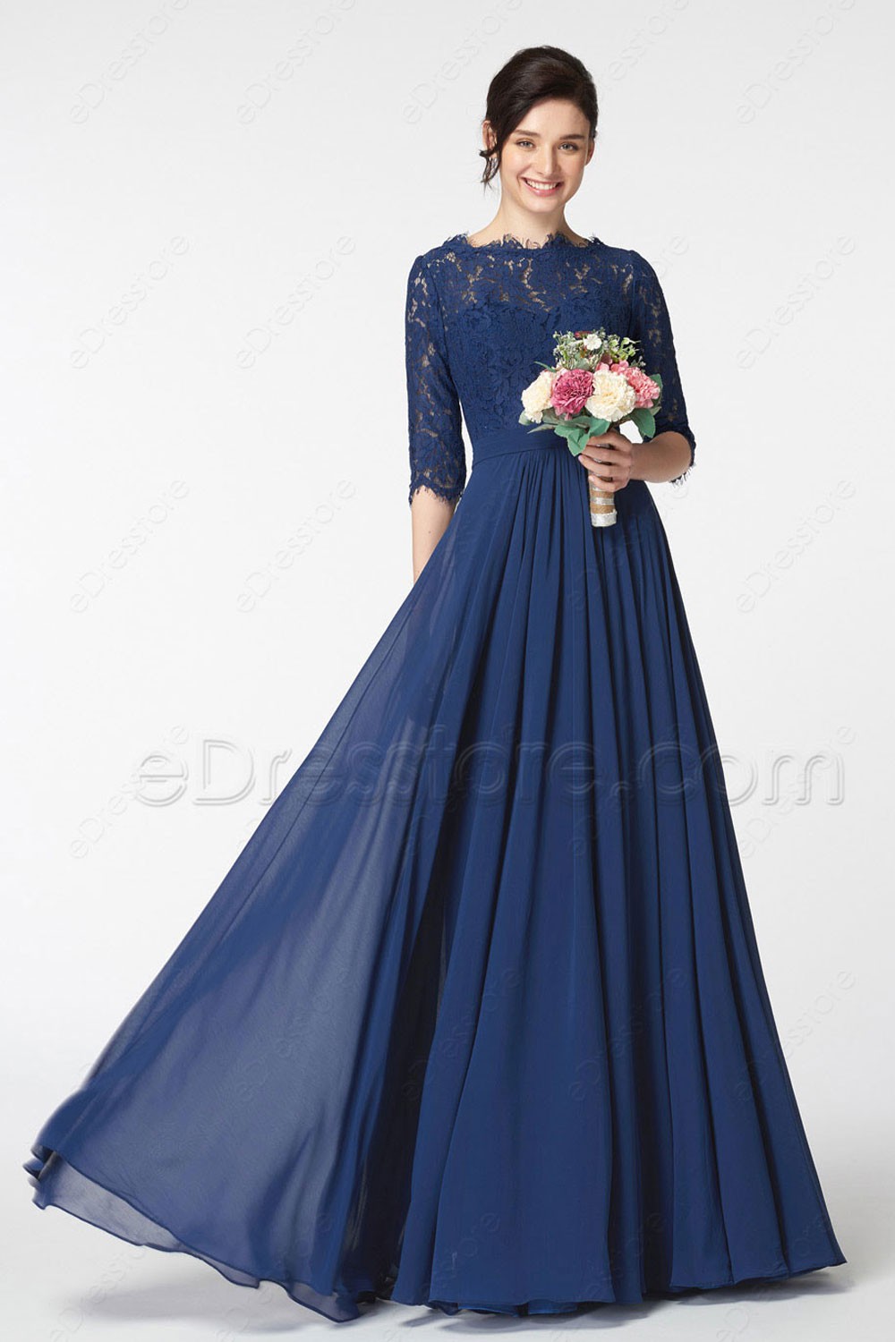 Navy Blue Lace Modest Bridesmaid Dress with Sleeves (1000 x 1500 Pixel)