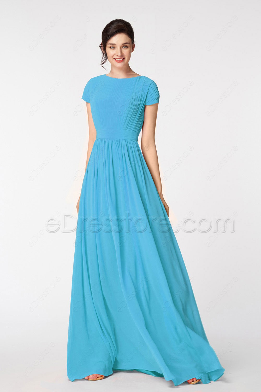 sky blue gown with sleeves