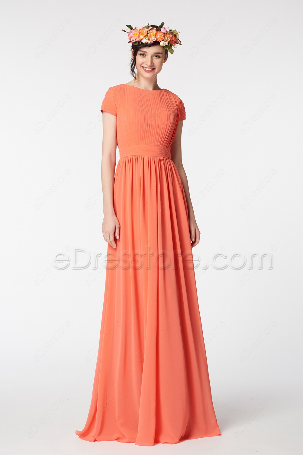 Modest Coral Bridesmaid Dresses Short Sleeves