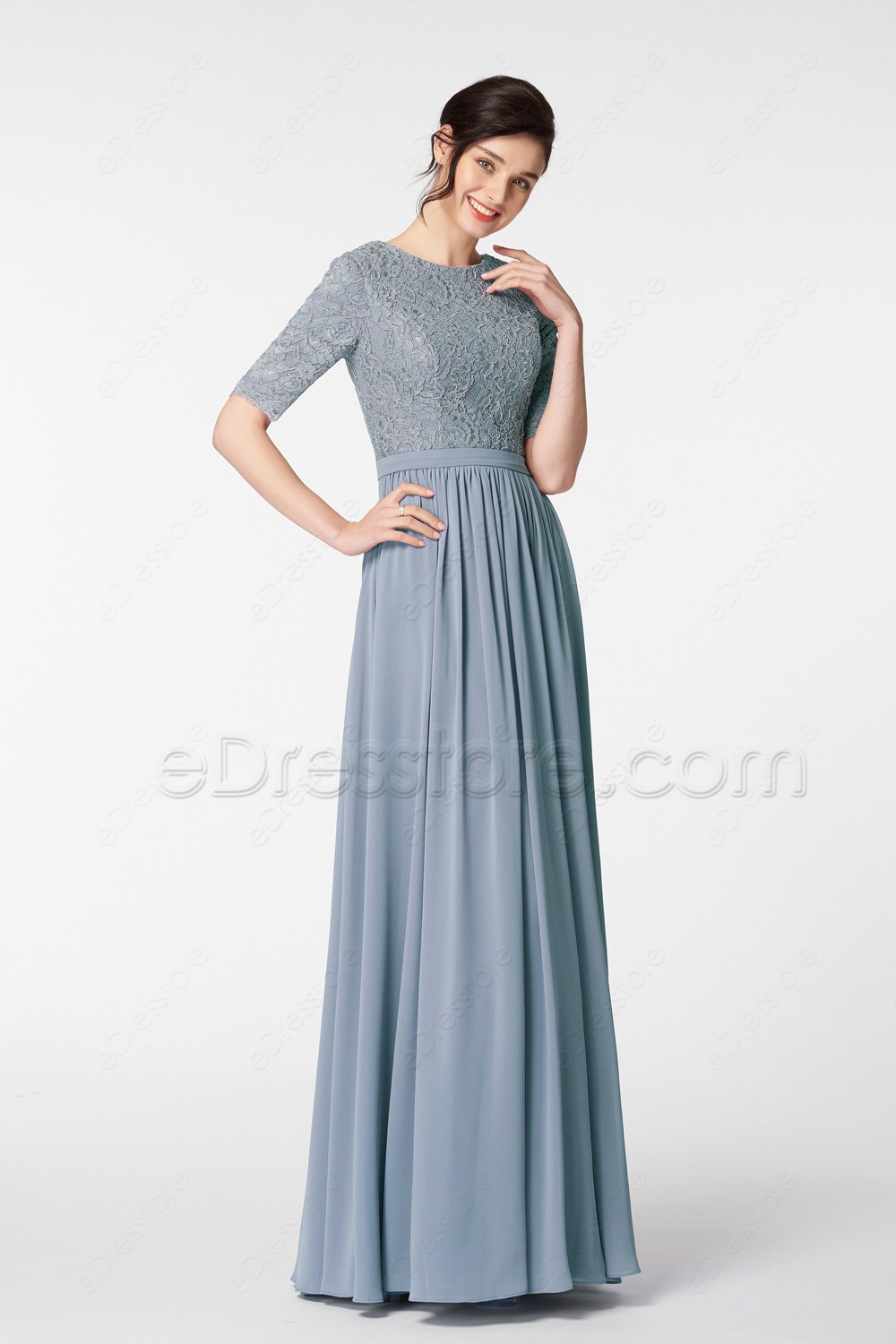 Dusty Blue Modest Bridesmaid Dress with Sleeves