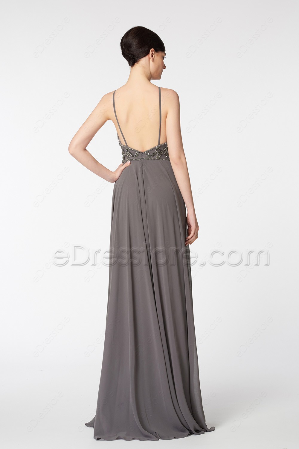 Halter Beaded Sparkle Backless Charcoal Grey Prom Dresses