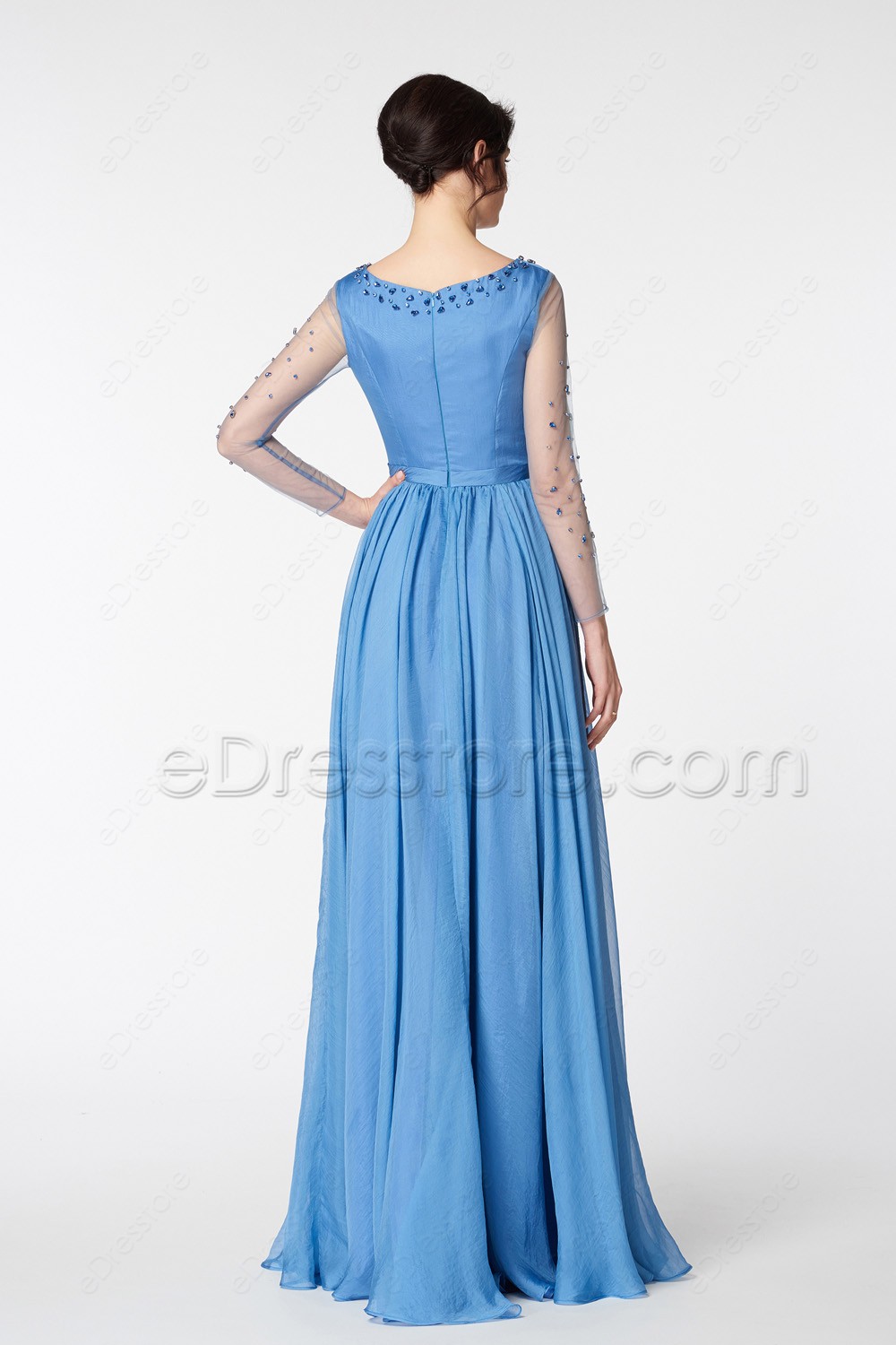 Lakeside Blue Beaded Modest Prom Dresses Long Sleeves