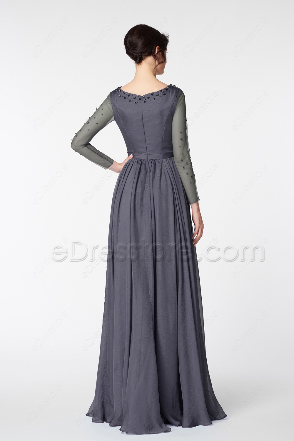 Charcoal Grey Beaded Modest Bridesmaid Dress Long Sleeves