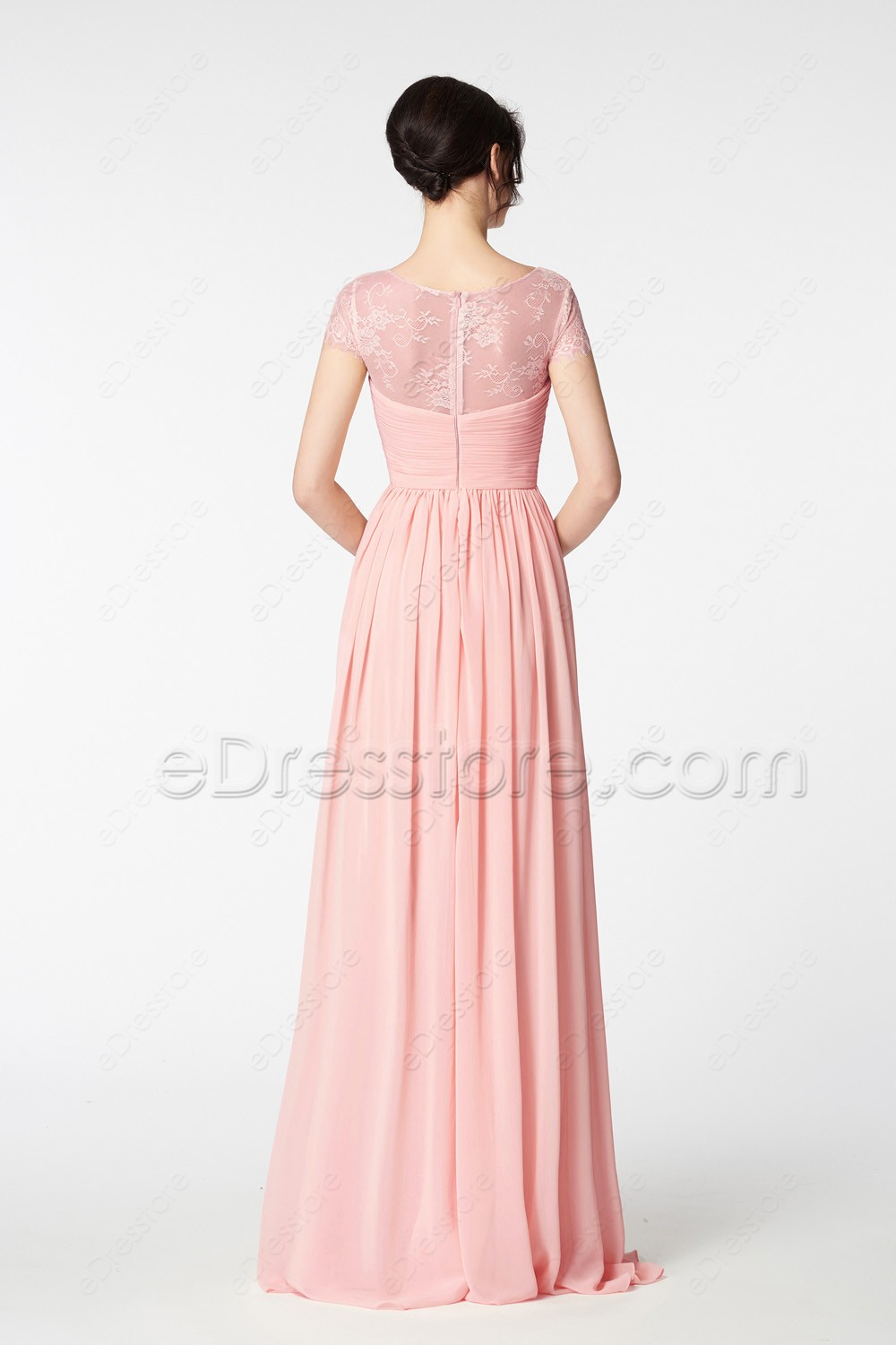 Blush Pink Evening Dress Long Cap Sleeves
