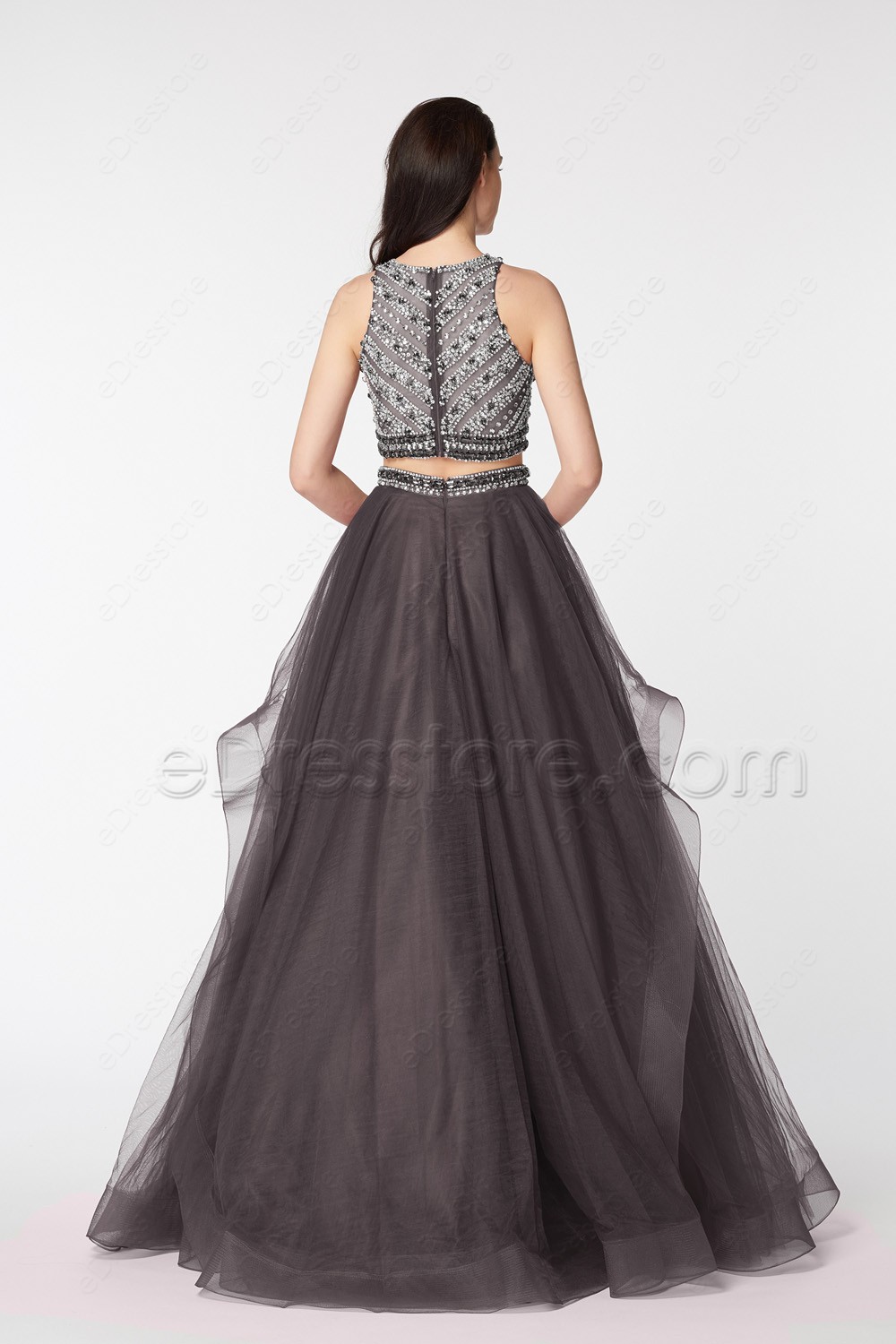 Charcoal Grey Beaded Two Piece Dresses