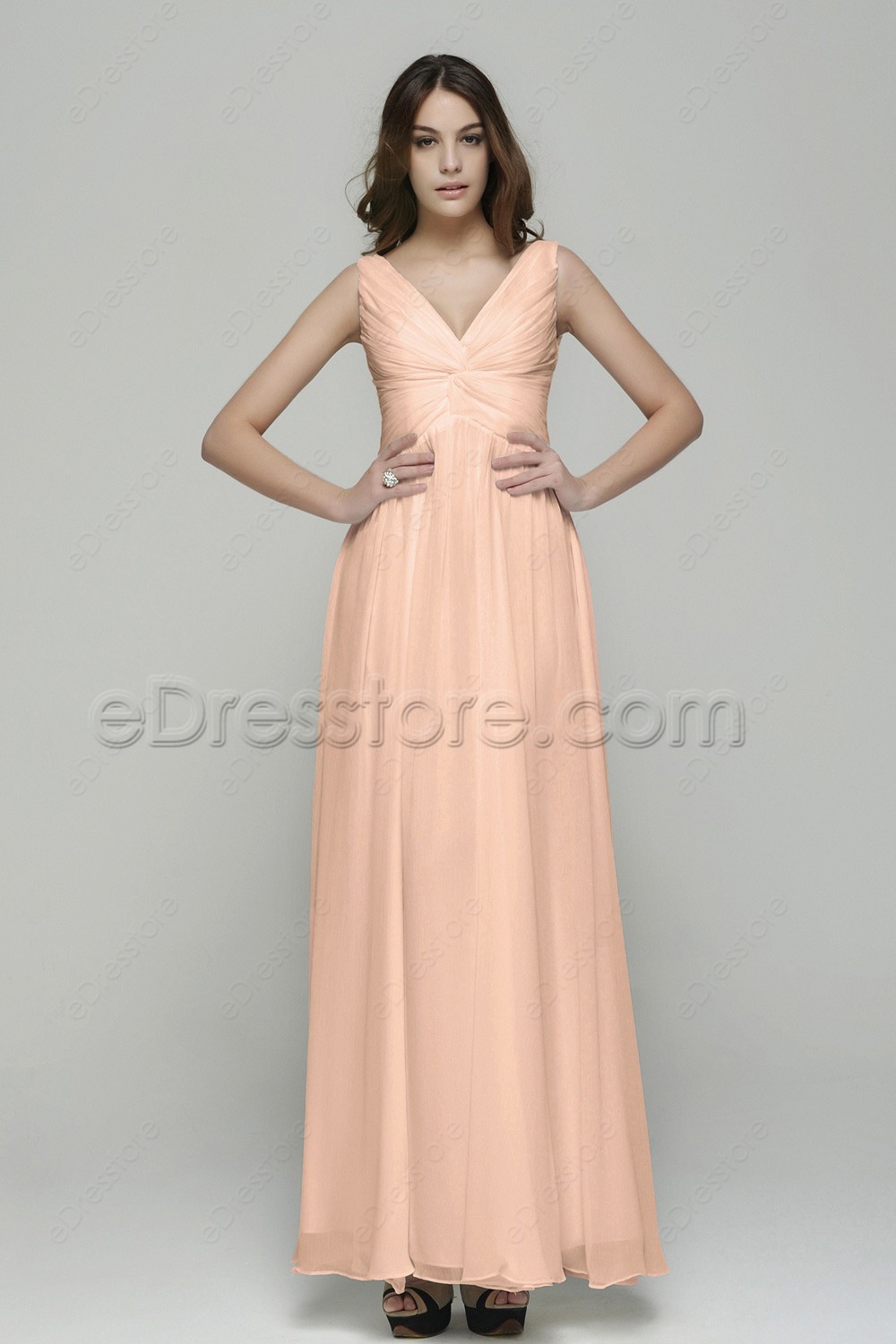 V Neck Peach Color Chiffon Prom Dresses Long