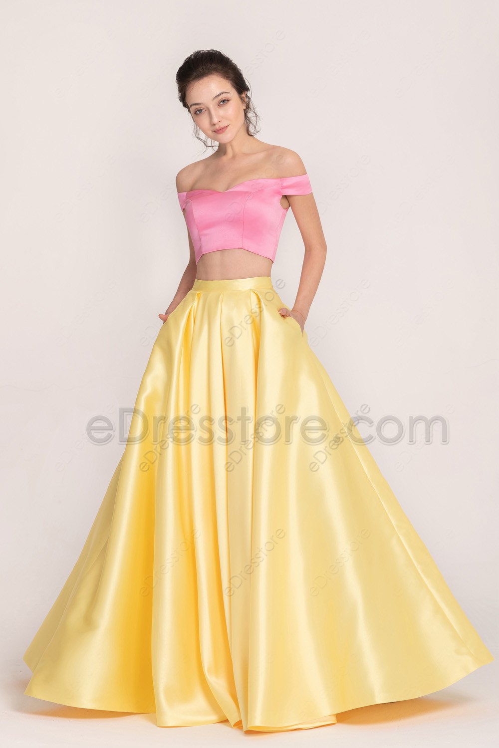 Mix n Match Pink Yellow Long Prom Dresses Ball Gown Two Piece