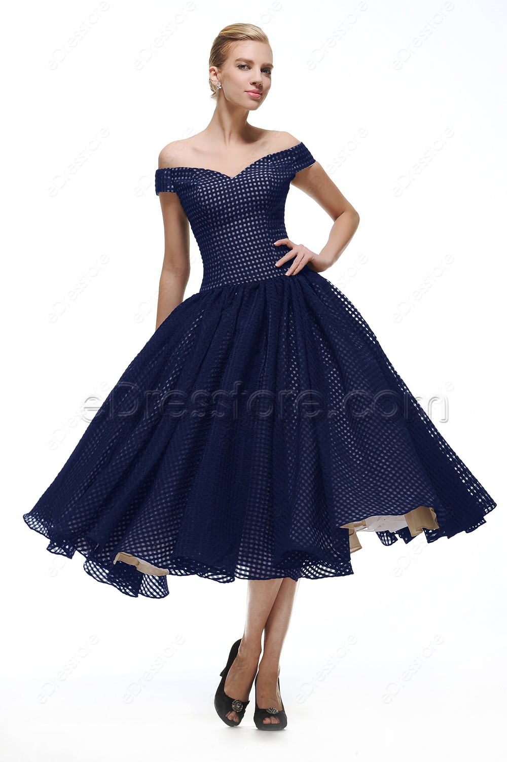 Navy Blue Vintage Prom Dresses Tea Length