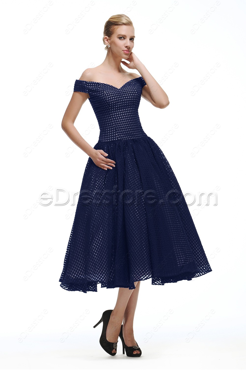 Off the Shoulder Navy Blue Vintage Prom Dresses Tea Length