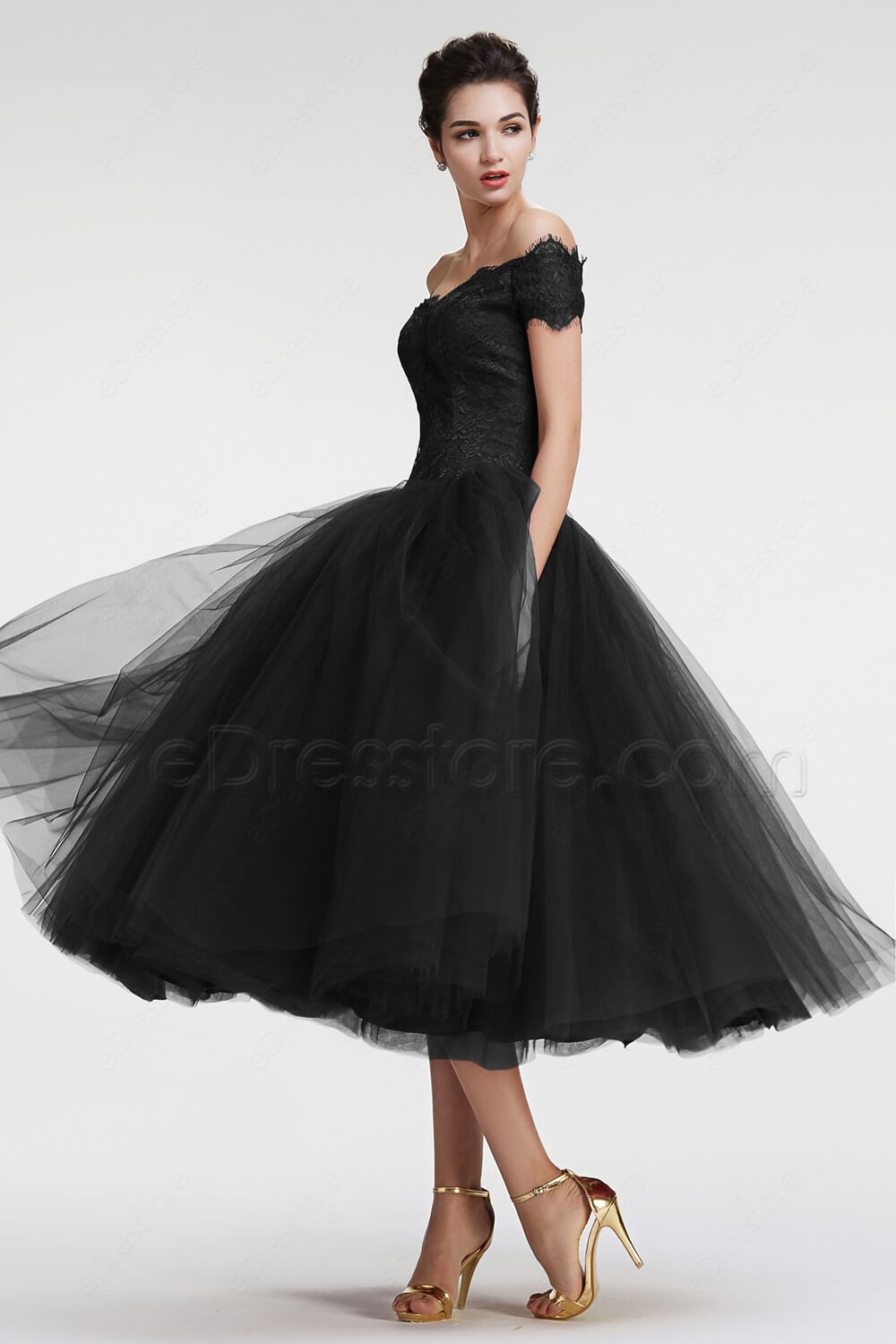 one shoulder black ball gown