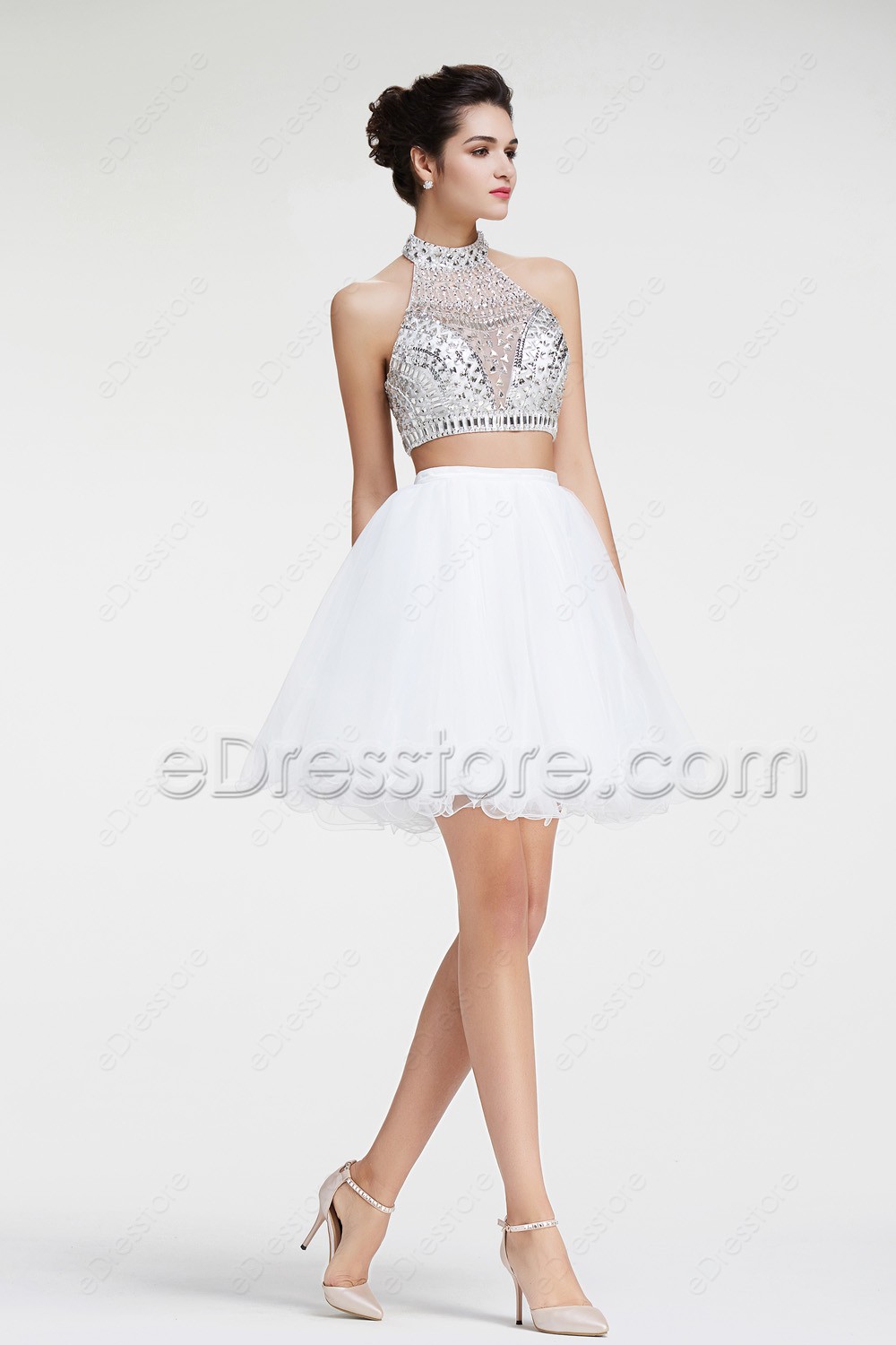 White Two Piece Crystal Sparkly Short Prom Dresses