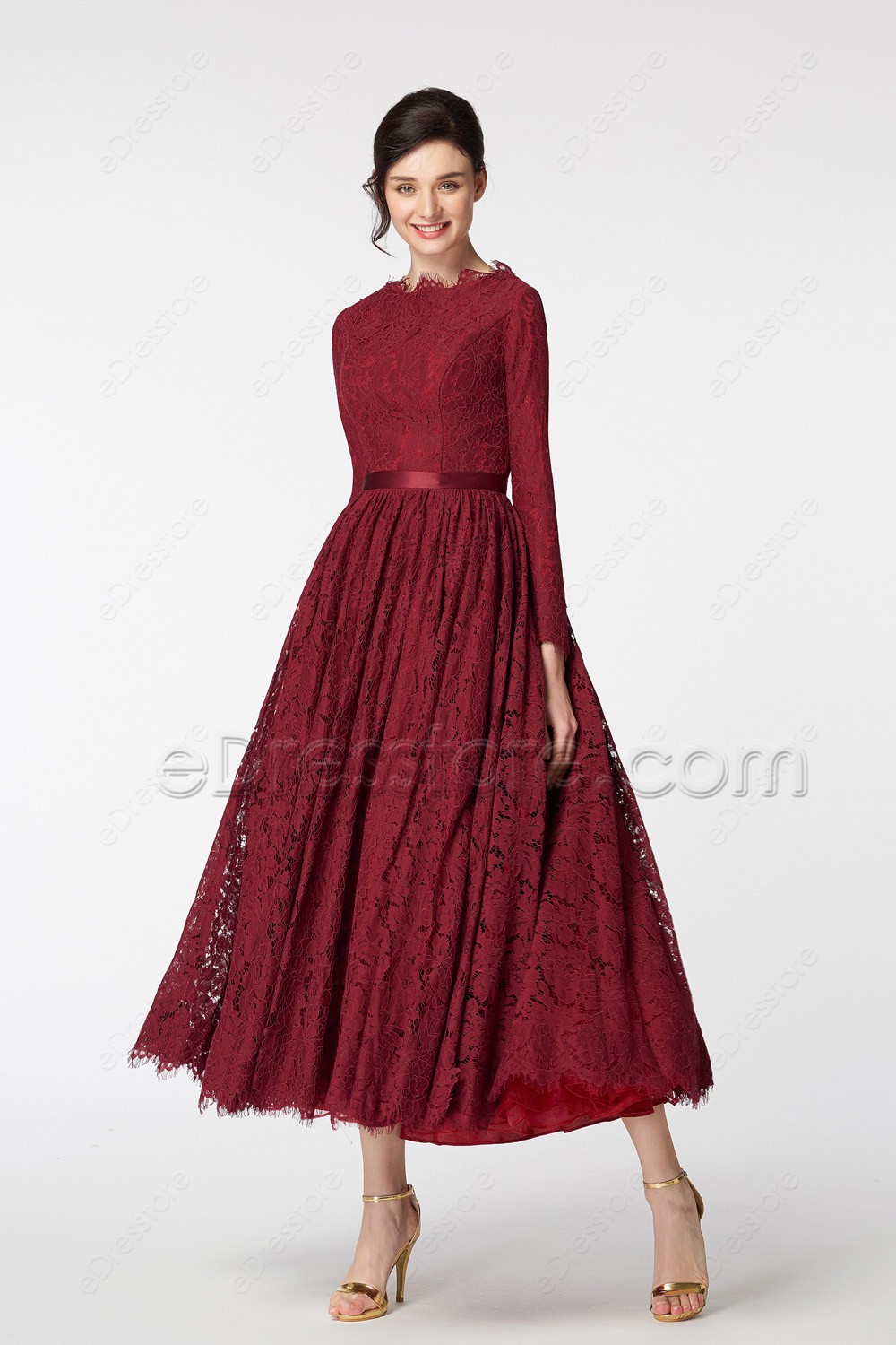 modest burgundy dresses long