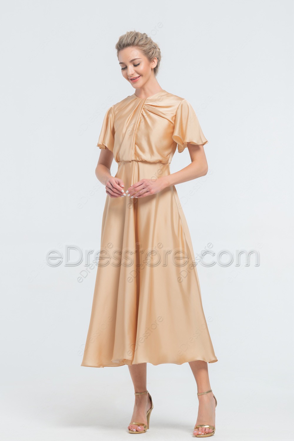 Champagne Modest Satin Midi Bridesmaid Dresses Short Sleeves