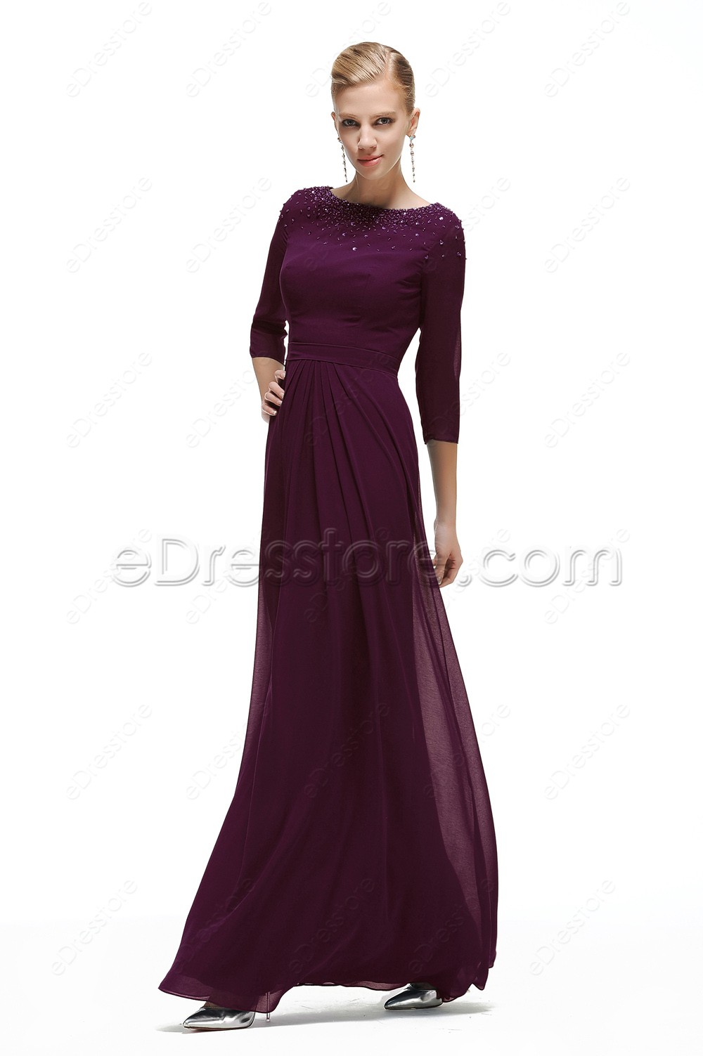 Modest Eggplant Mother of the Groom Dresses with Sleeves Plus Size
