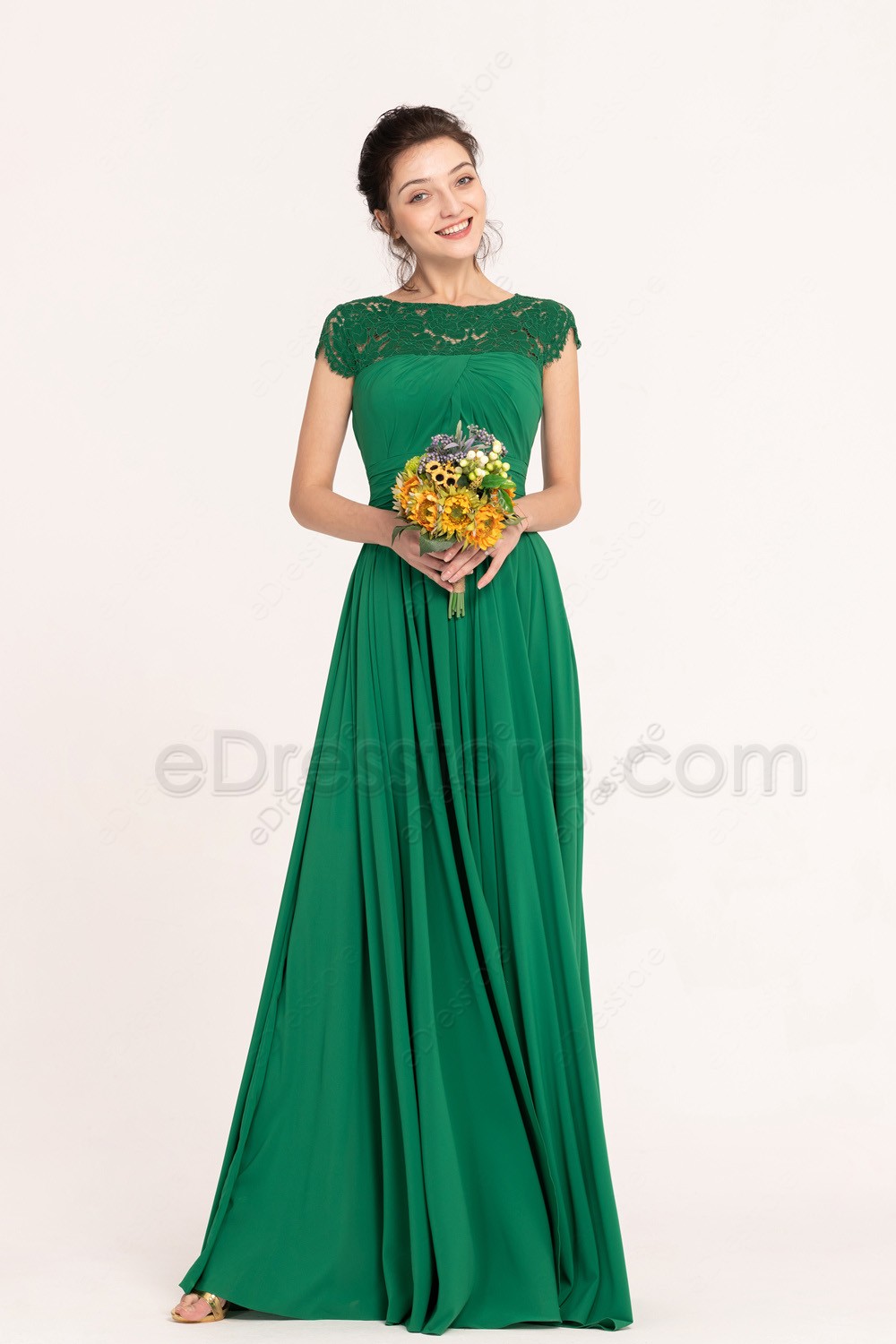 Emerald Green Modest Long Bridesmaid Dresses Cap Sleeves