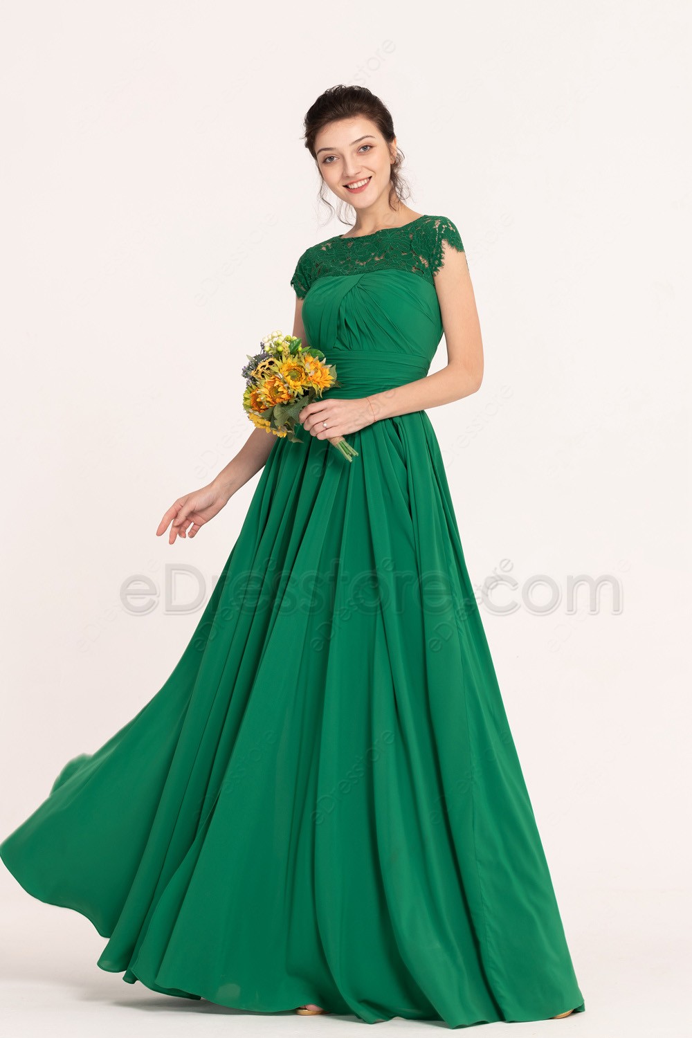 Emerald Green Modest Long Bridesmaid Dresses Cap Sleeves (1000 x 1500 Pixel)