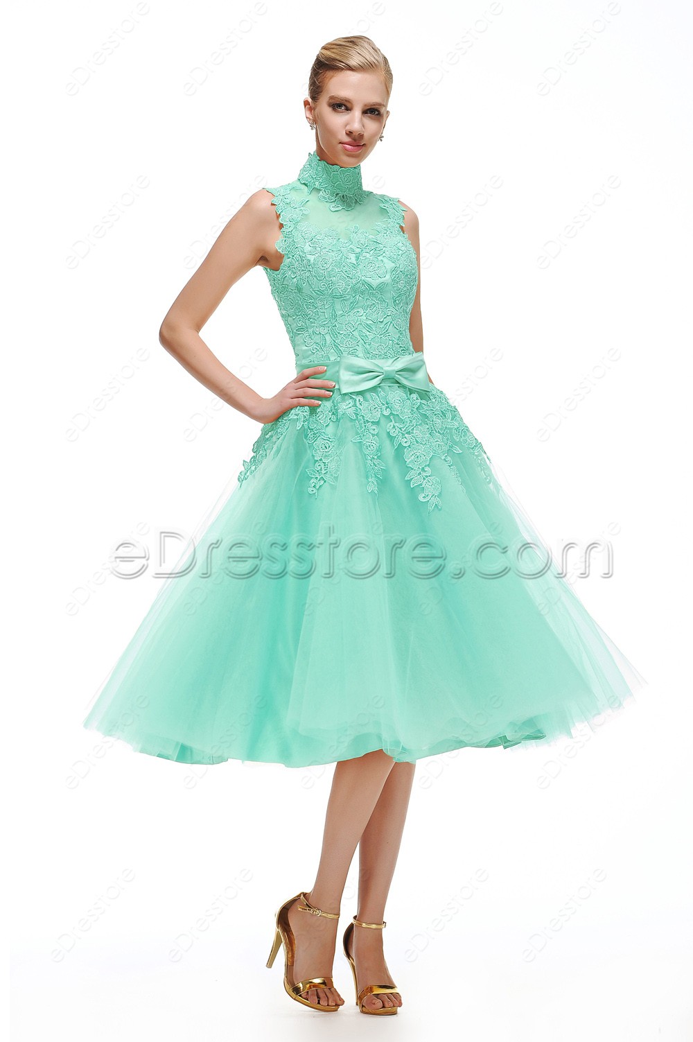 High Neck Mint Green Dresses Tea Length