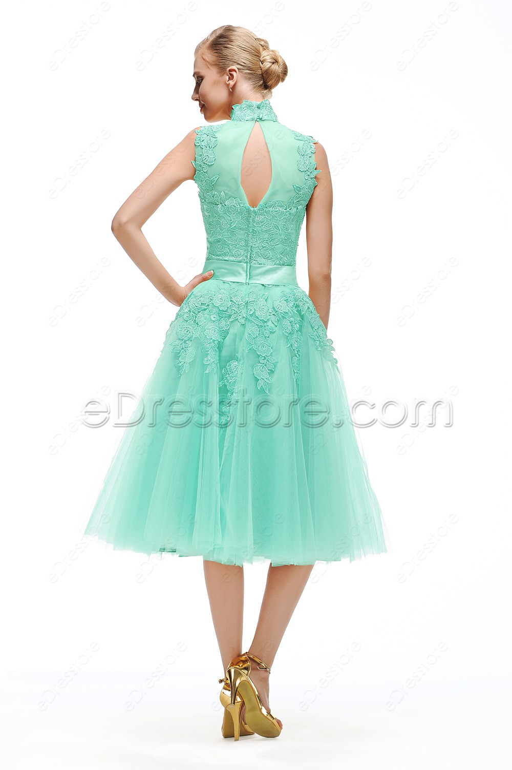 High Neck Mint Green Dresses Tea Length