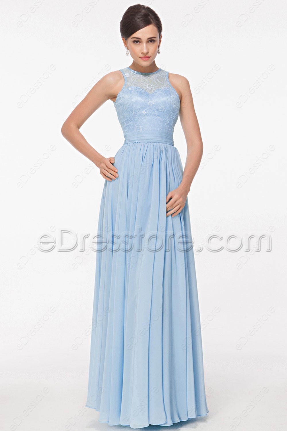  Lace  Light Blue  Bridesmaid  Dresses  Key Hole Back