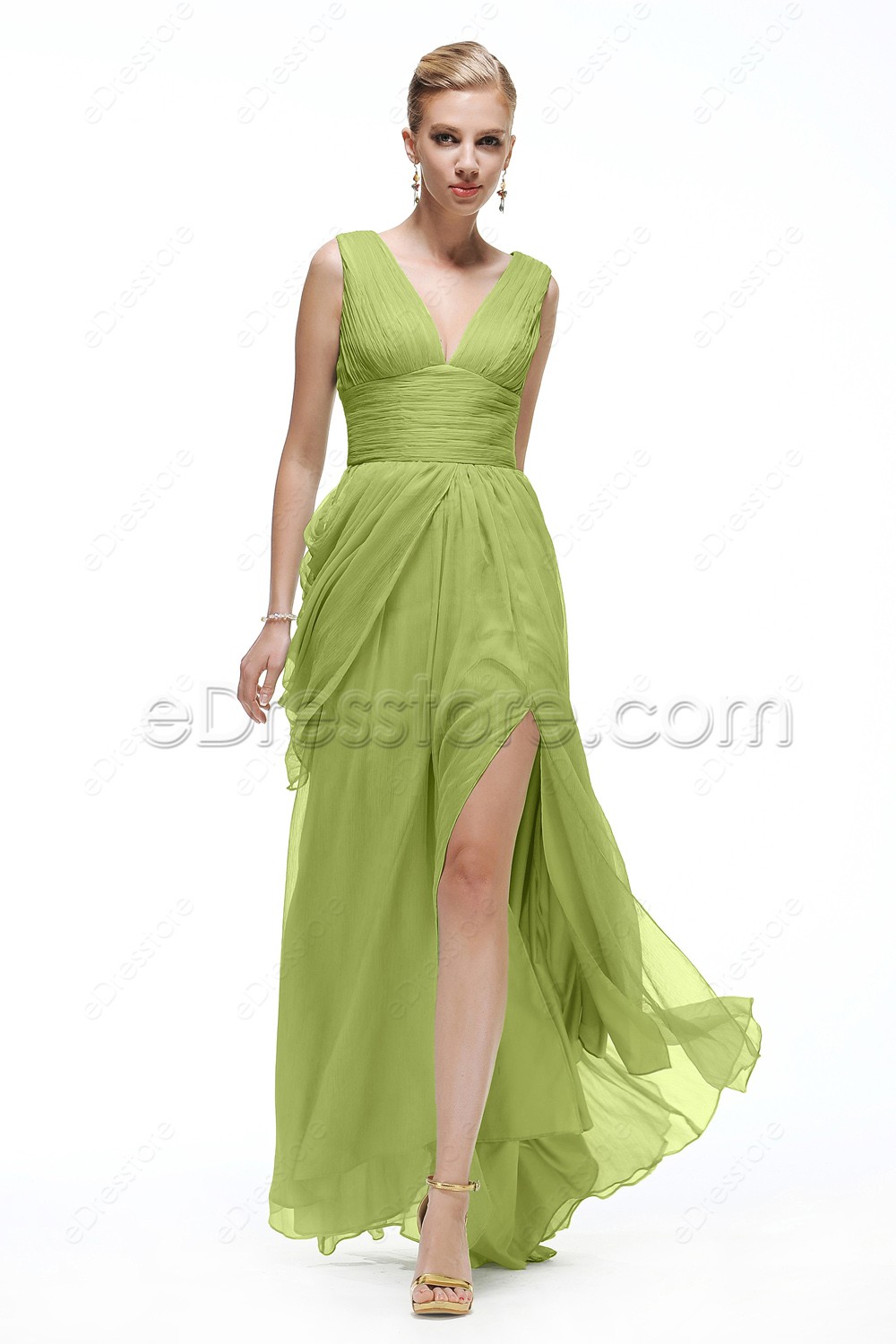 V Neck Green Evening Gowns with Slit