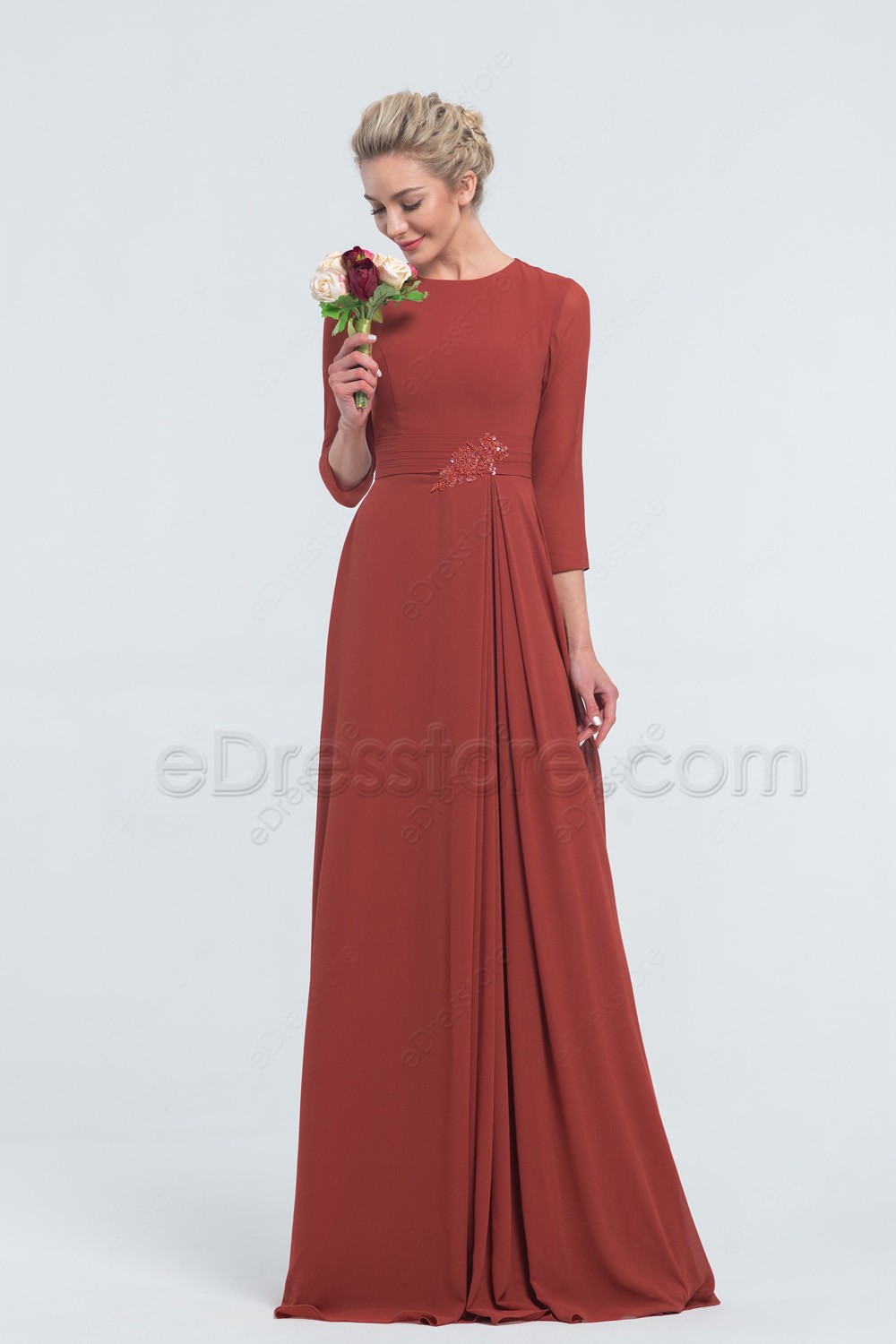 Modest Chiffon Rust Colored Bridesmaid Dresses with Sleeves