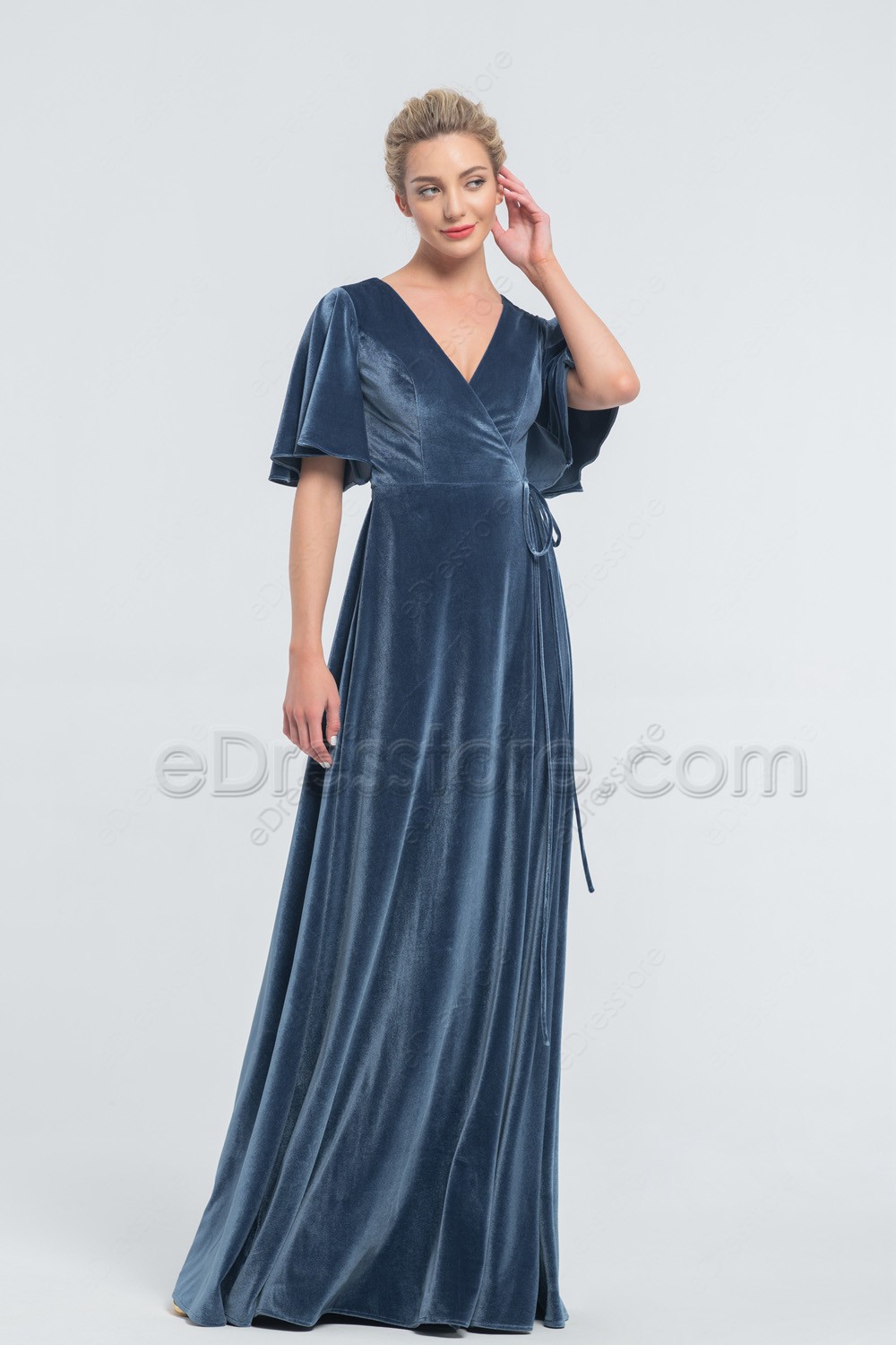 Modest Dusty Blue Wrap Velvet Bridesmaid Dresses with Flutter Sleeves