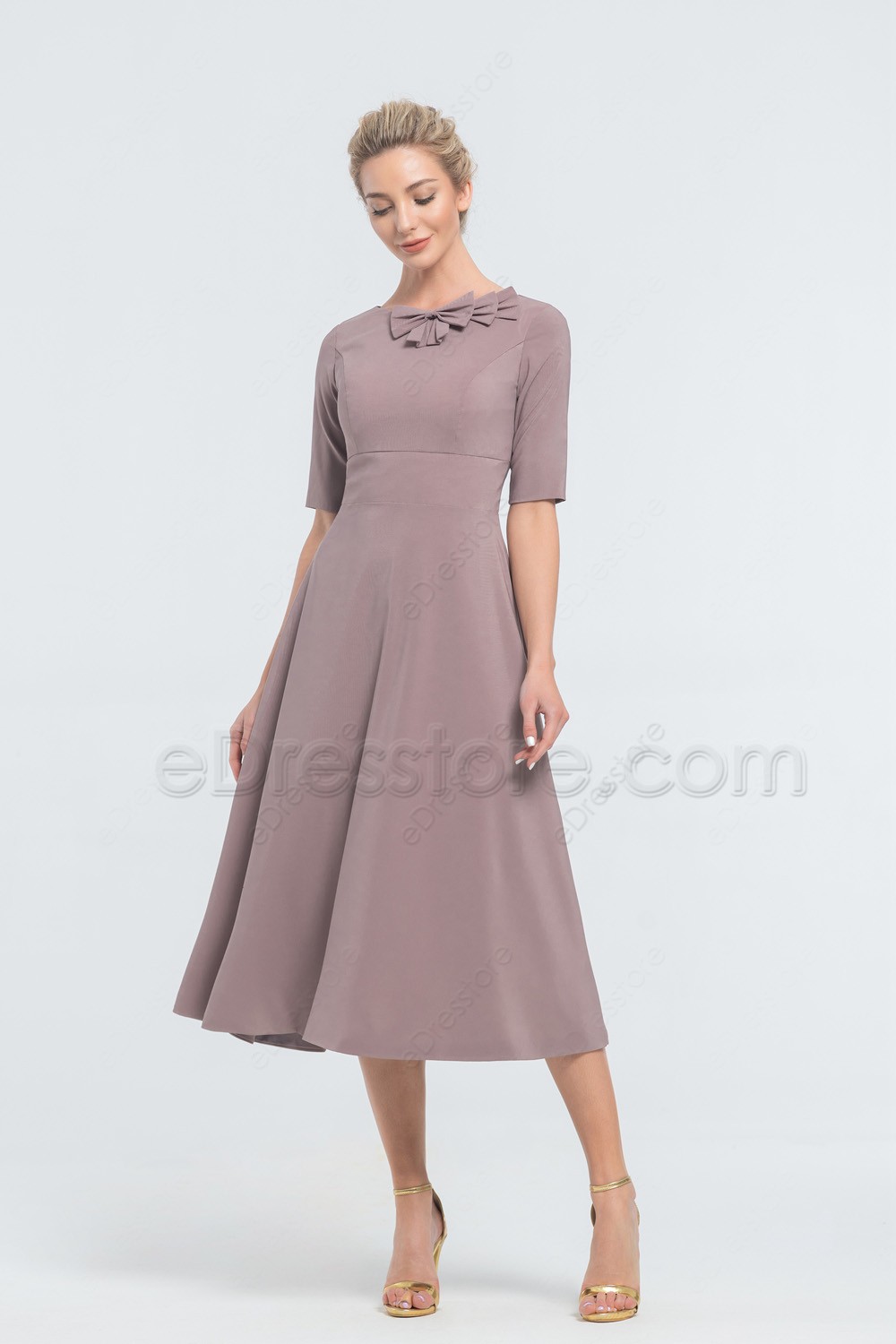 Modest Mauve Bridesmaid Dresses with Sleeves Midi Bridesmaid Dress
