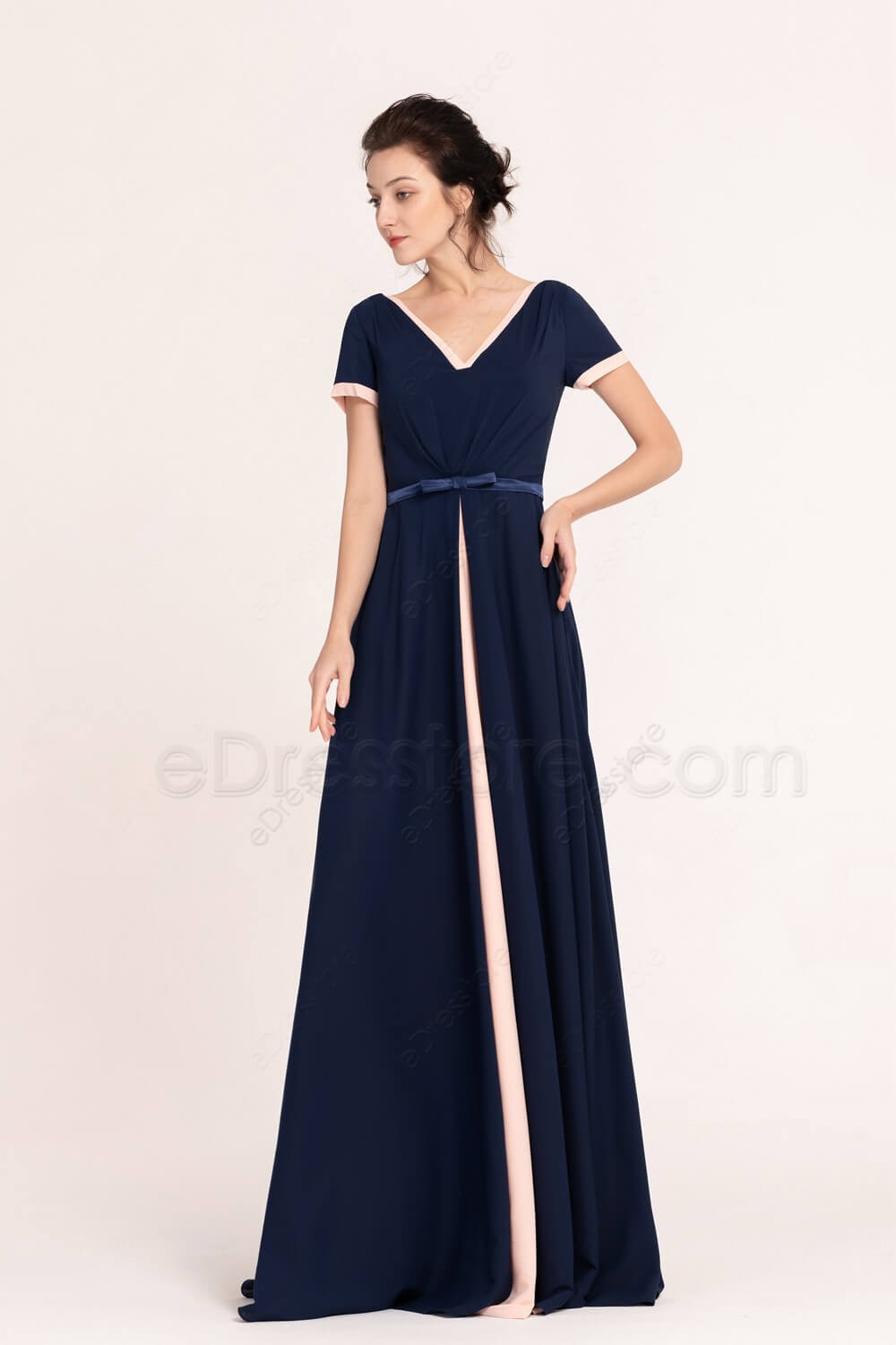 navy blue and blush dress