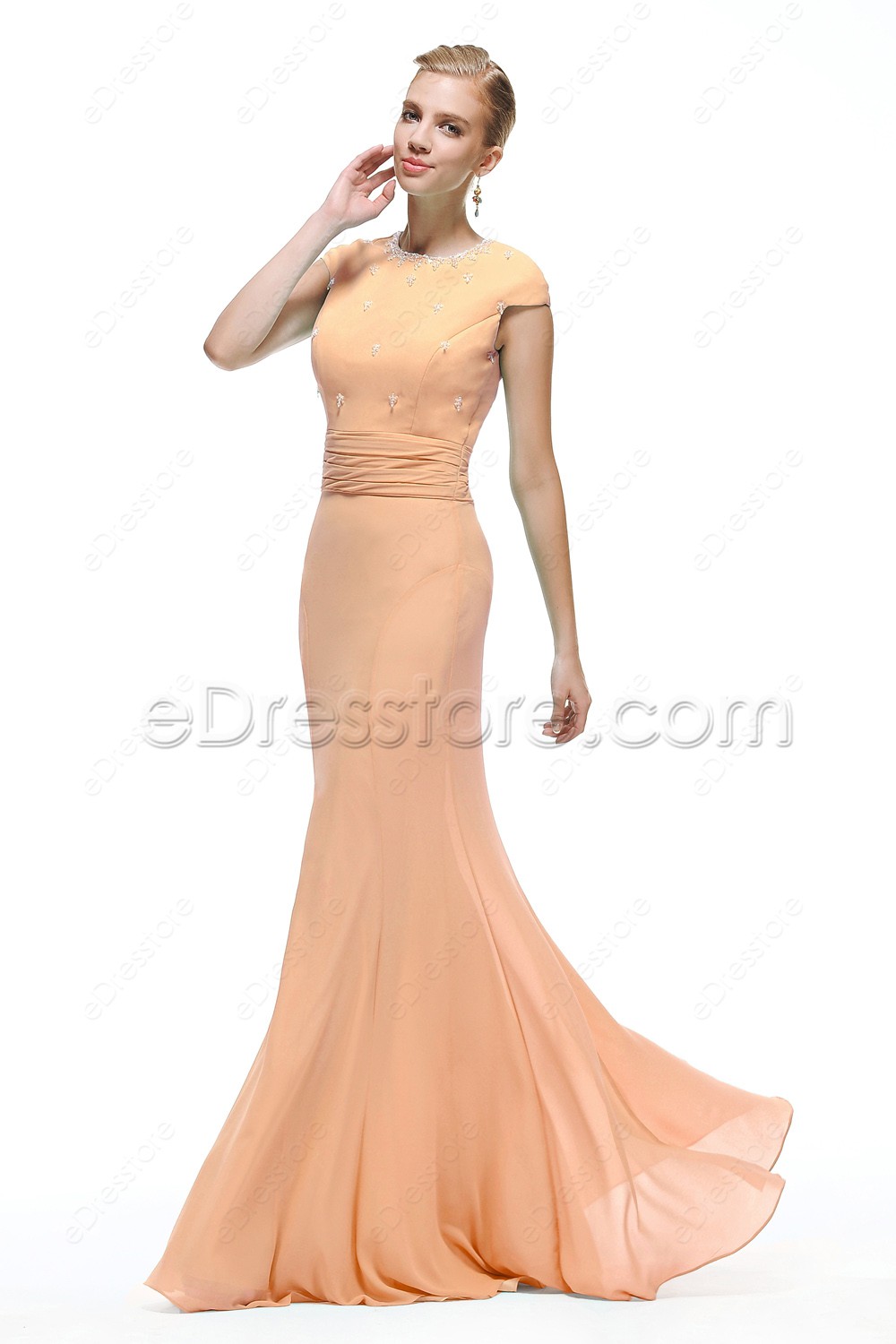 peach color gown with sleeves