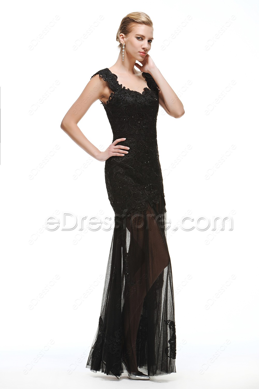 black lace see through prom dress