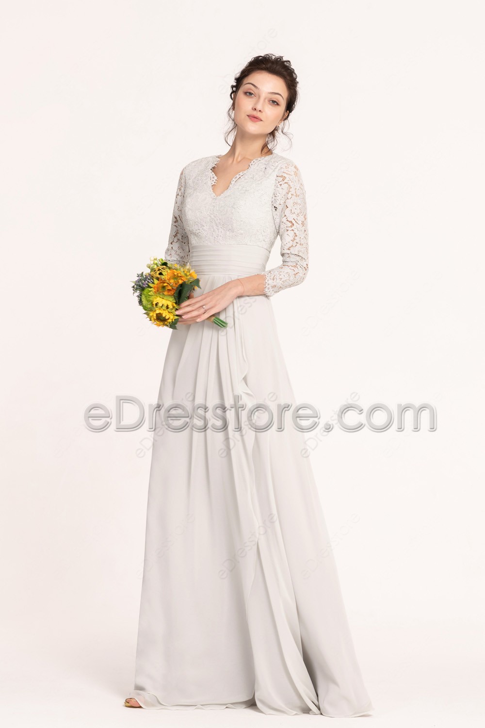 Silver Grey Modest Lace Bridesmaid Dresses Long Sleeves (1000 x 1501 Pixel)