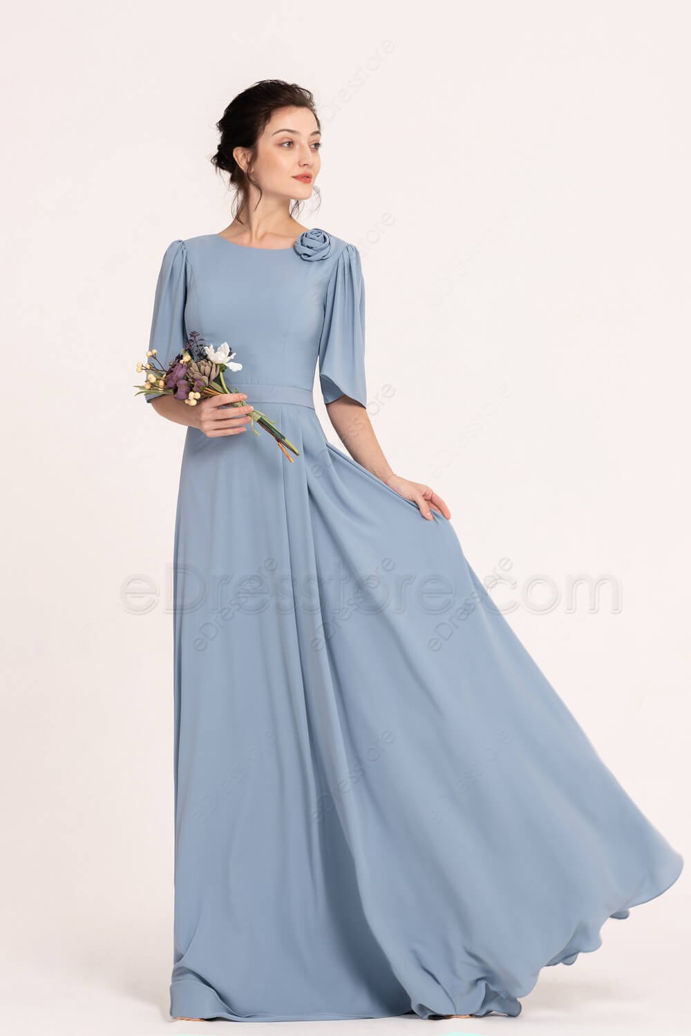steel blue dress with sleeves