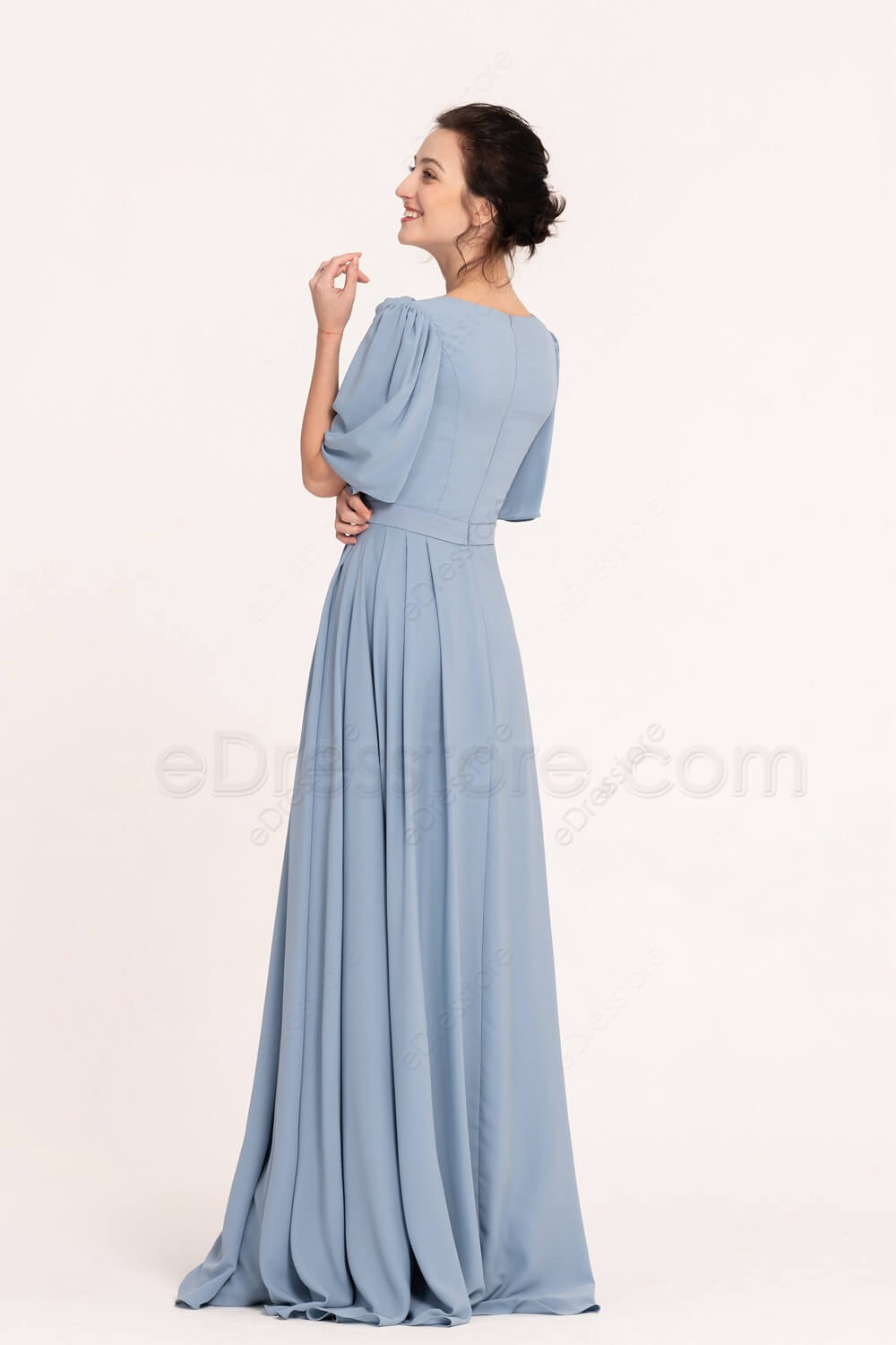 steel blue bridesmaid dresses with sleeves