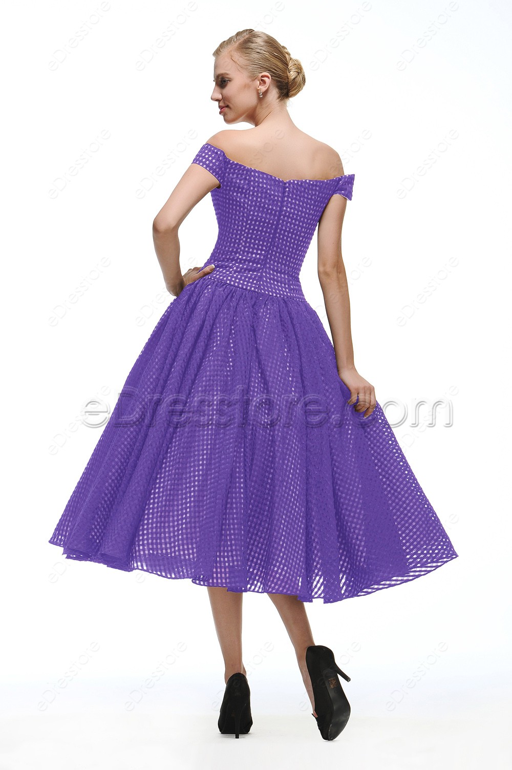 Off the Shoulder Vintage Lavender Cocktail Dress Tea Length