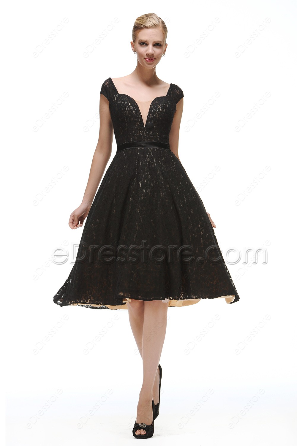 Vintage Black Lace Prom Dresses Tea Length