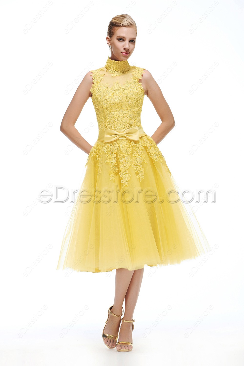 High Neck Yellow Evening Dress Tea Length