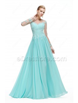 Light Blue Backless Lace Modest Prom Dress with Sleeves