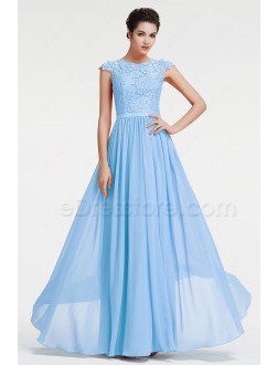 Modest Ice Blue Lace Prom Dress with Cap Sleeves