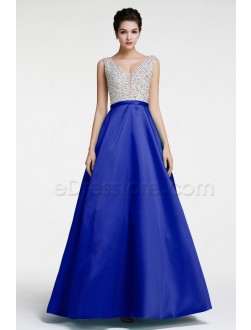 Royal Blue Beaded Sparkly Prom Dresses Long