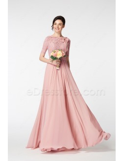 Modest Lace Blush Bridesmaid Dresses with Sleeves Bow