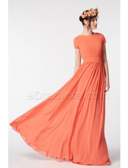 Modest Coral Bridesmaid Dresses Short Sleeves